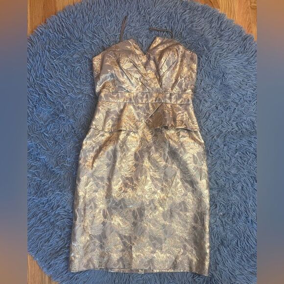 Theia Metallic Brocade Strapless Peplum Dress Size 8 - Picture 2 of 7